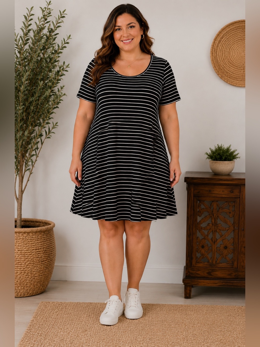 Vibe Black White Striped Swing Dress | Nautical Preppy Knit Athleisure | 2X